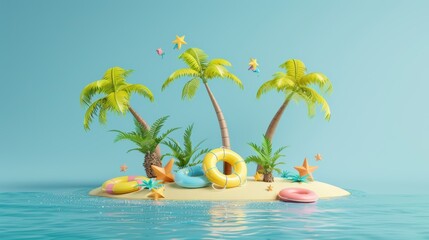 Creative 3d cartoon island with summer goods. Summer holiday.