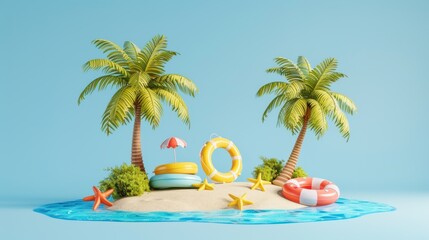 Creative 3d cartoon island with summer goods. Summer holiday.