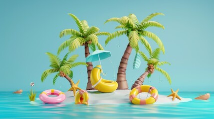 Obraz premium Creative 3d cartoon island with summer goods. Summer holiday.