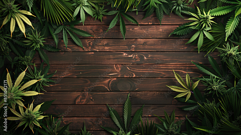 Poster lush cannabis leaves are creating a natural frame on a rustic wooden background, offering space for 
