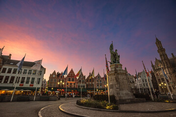 Sunset View of Jan Breydel Monument and the Historic Buildings of Market Square (Grote Markt) - Bruges, Belgium