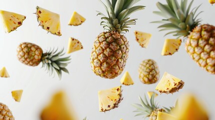 Creative pineapple concept, falling pineapple with pineapple pieces. 