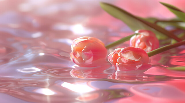Tulips Floating In A Pool of Water, Pink Wallpaper, Calming, Aesthetic Photography.