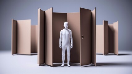 A man standing in a room with open doors and walls, AI