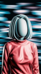 A woman without a face with a white shirt and blue hair standing in front of blurred background, AI