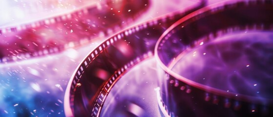 A purple and red film strip with a white border and blurred background Generative AI