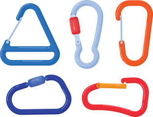 Assorted colorful carabiner clips set isolated. Cartoon style rock climbing equipment, secure lock safety. Various shapes carabiners vector graphic illustration