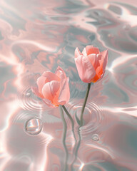 Tulips Floating In A Pool of Clear Water, Pink Wallpaper, Calming, Top View, Aesthetic Photography.