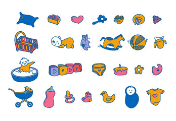 Baby care yellow and blue editable stroke outline icons set isolated on white background flat vector illustration. Pixel perfect.