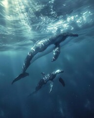 Fototapeta premium An underwater view of two whales swimming gracefully in deep blue ocean waters, illuminated by sunlight streaming through the surface.