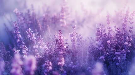 Naklejka premium Lavender field blooming in periwinkle and lavender shades soft-focus