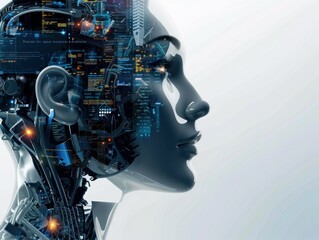 Side profile of a futuristic human-like robot with intricate circuits and digital interfaces integrated into its head, symbolizing advanced artificial intelligence and technology integration.