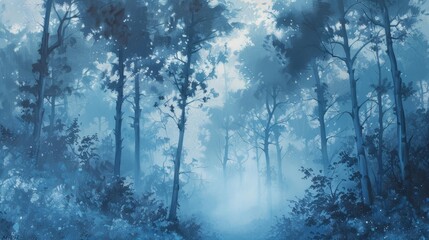 Forest scene with blue mist towering trees mysterious