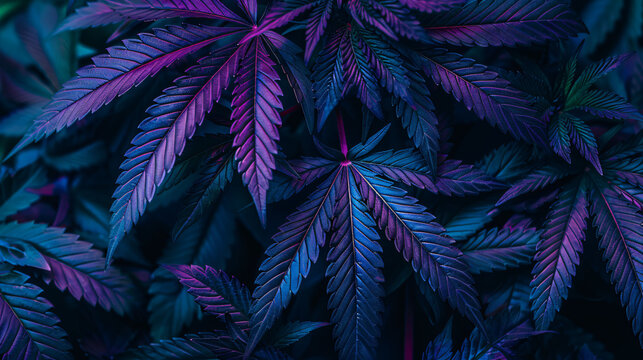 Mesmerizing patterns emerge as marijuana leaves are lit up by purple and blue grow lights