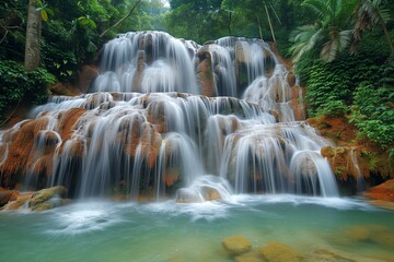 Fototapeta premium Shimmering Waterfall Cascades into Emerald Pools
