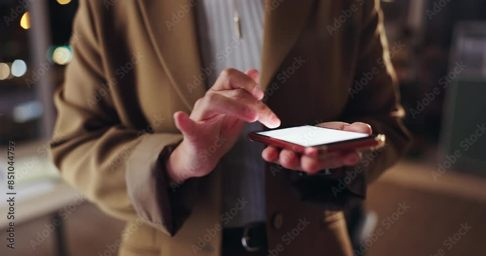 Poster Person, hands and night with phone screen for communication, social media or research at office. Closeup of business employee typing on mobile smartphone display for online browsing, scrolling or app