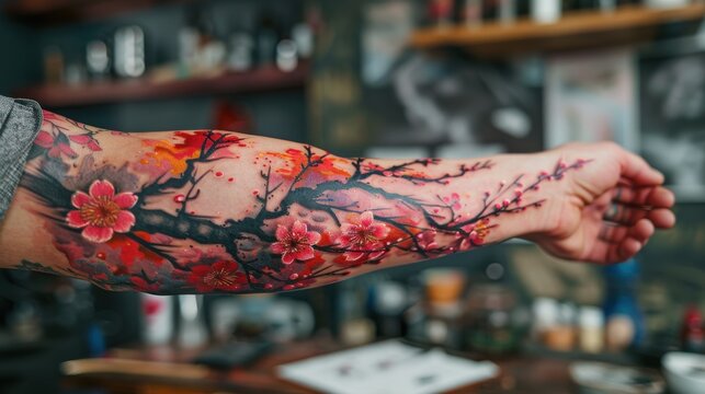 Detailed cherry blossom tattoo sleeve in a tattoo studio, highlighting vibrant colors and intricate designs.