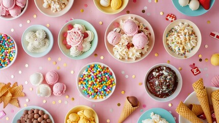 A pink table topped with bowls of candy and ice cream cones a delightful display of cuisine and recreation with magenta accents AIG50