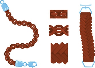 Brown plaited leather belt, blue buckle closed, fashion accessory isolated white background. Details braided belt elements, fashionable design, clothing item illustration. Different parts brown