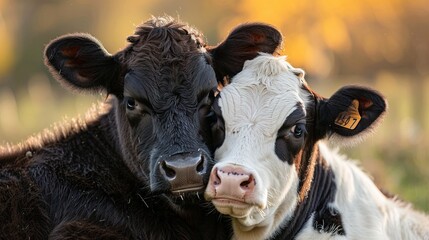 Close-up portrait of two black and white cows snuggling together