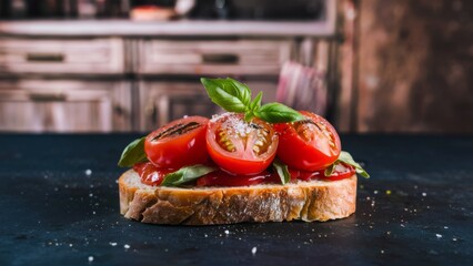 A close up of a piece of bread with tomatoes and basil, AI