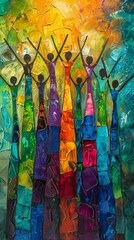 Fototapeta premium Colorful abstract painting of elongated human figures with arms raised in celebration. Bright and diverse hues create a vibrant atmosphere.