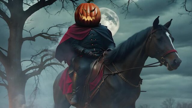 Horseman with Jack O Lantern Head 4K Loop features an A.I. Generated video of a horseman with a flaming  jack o lantern head looking at the viewer with a dark sky and full moon behind in a loop.