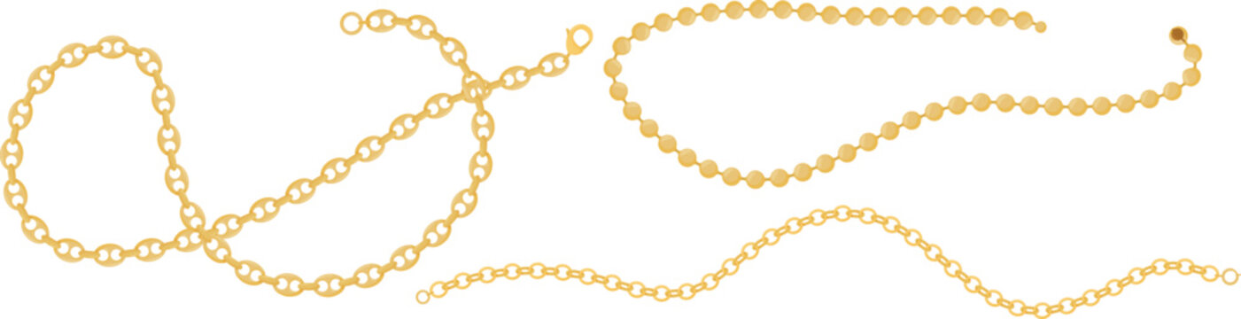 Golden chain jewelry design isolated white background. Shiny gold necklace fashion accessory vector graphic. Elegant metallic link chain illustration luxury adornment
