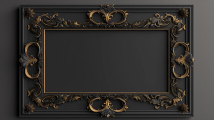 A photo frame decorated with bronze flowers hangs on a black wall