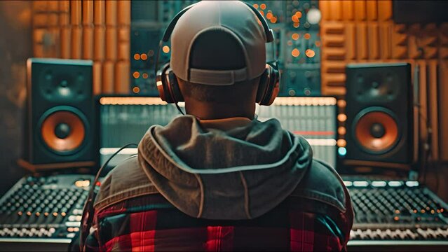 A budding rapper is in a soundproof studio recording a new song.