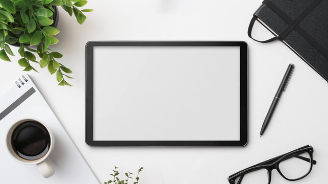 Mocap, empty tablet with white screen lying on a table, top view