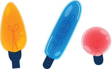 Three colorful lightbulbs cartoon style isolated white background. Yellow, blue, pink glowing bulbs cartoon illumination graphic. Festive lights decoration illustration creative idea symbol