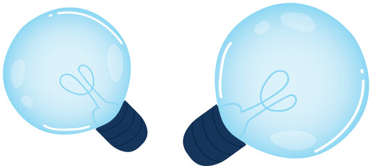 Two blue light bulbs cartoon illustration isolated white background. Light bulbs clear glass cool blue tone simple line art. Creative idea concept energy efficient lighting glowing graphic