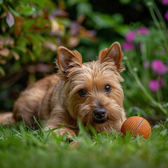 A small dog playing with a soccer ball in the garden