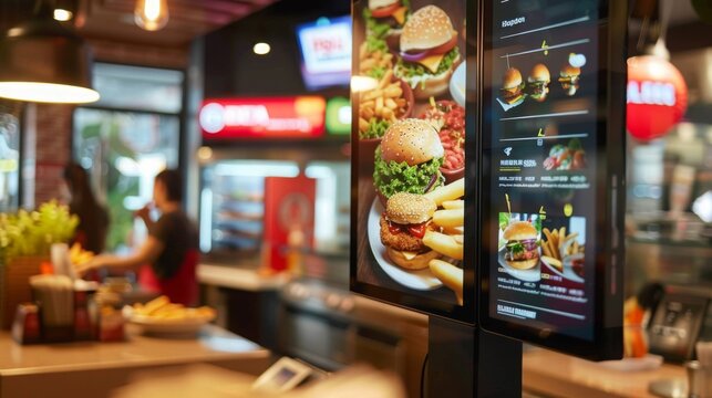 A digital menu display in a restaurant showcasing various burgers and fries. The display is prominently placed in the front of the establishment, attracting customers with its tempting visuals.