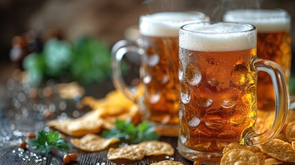 Fototapeta premium Two frosty beer mugs with white foam and condensation sit on a rustic wooden table next to a pile of crispy snacks