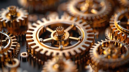 A close-up image of intricately designed golden gears interlocked and moving in perfect harmony