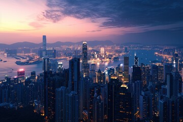 Fototapeta premium Beautiful cityscape at dusk with illuminated buildings and a cloudy sky.