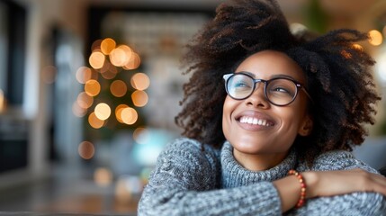 Woman in glasses and cozy sweater sits in inviting space, surrounded by soft lights, radiating warmth and peace