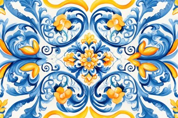 Vibrant floral pattern ceramic tiles with intricate designs. Ethnic folk ceramic tile in talavera style. Navy blue floral Italian pattern.