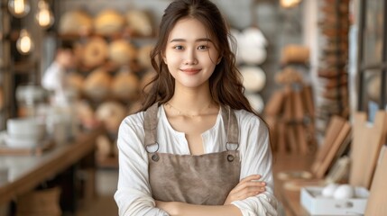 Young woman in bakery, wearing white shirt and brown apron, smiles confidently with crossed arms