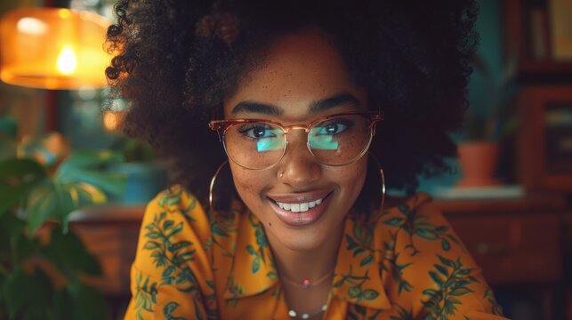 A woman with a warm smile looks directly at the camera while sitting indoors
