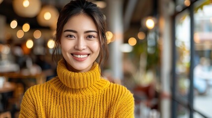 Fototapeta premium A woman in a yellow sweater smiles warmly in a cafe