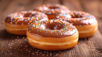 Close-up of four chocolate glazed donuts with sprinkles, arranged on a rustic wooden table