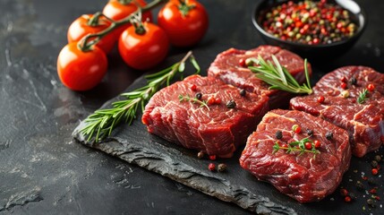 Close-up of raw steak seasoned with rosemary and peppercorns, ready for grilling