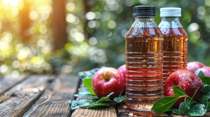 Two bottles of apple cider sit on a rustic wooden table, surrounded by apples and leaves in a sunny orchard