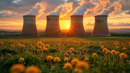 Four cooling towers stand tall against a vibrant sunset, with a field of dandelions in the...