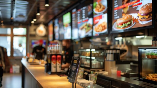 The fast food restaurant has a wood counter with digital displays showing burgers and fries. The clean, well-lit space has condiment bottles and other items.