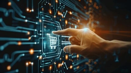 Fototapeta premium Online Retail Concept: Virtual Screen on blurry black background