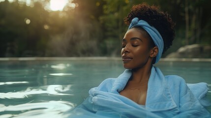 Black woman in blue robe at luxury spa outdoors in nature